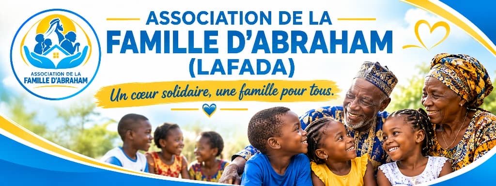 Bannière de l’Association de la famille d’Abraham (LAFADA) : « Un cœur solidaire, une famille pour tous. » Des enfants et des aînés souriants ensemble
